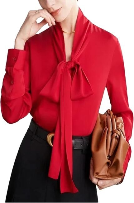 Vogrtcc Women Blouses Long Sleeve Buttons Vintage Silk Shirts Top