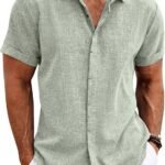 COOFANDY Men's Linen Shirt Short Sleeve Button Down Regular Fit Casual Shirt Summer Beach Linen Shirt